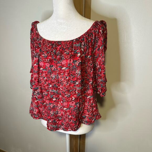 Billabong red floral off-the-shoulder top size L - Picture 3 of 9